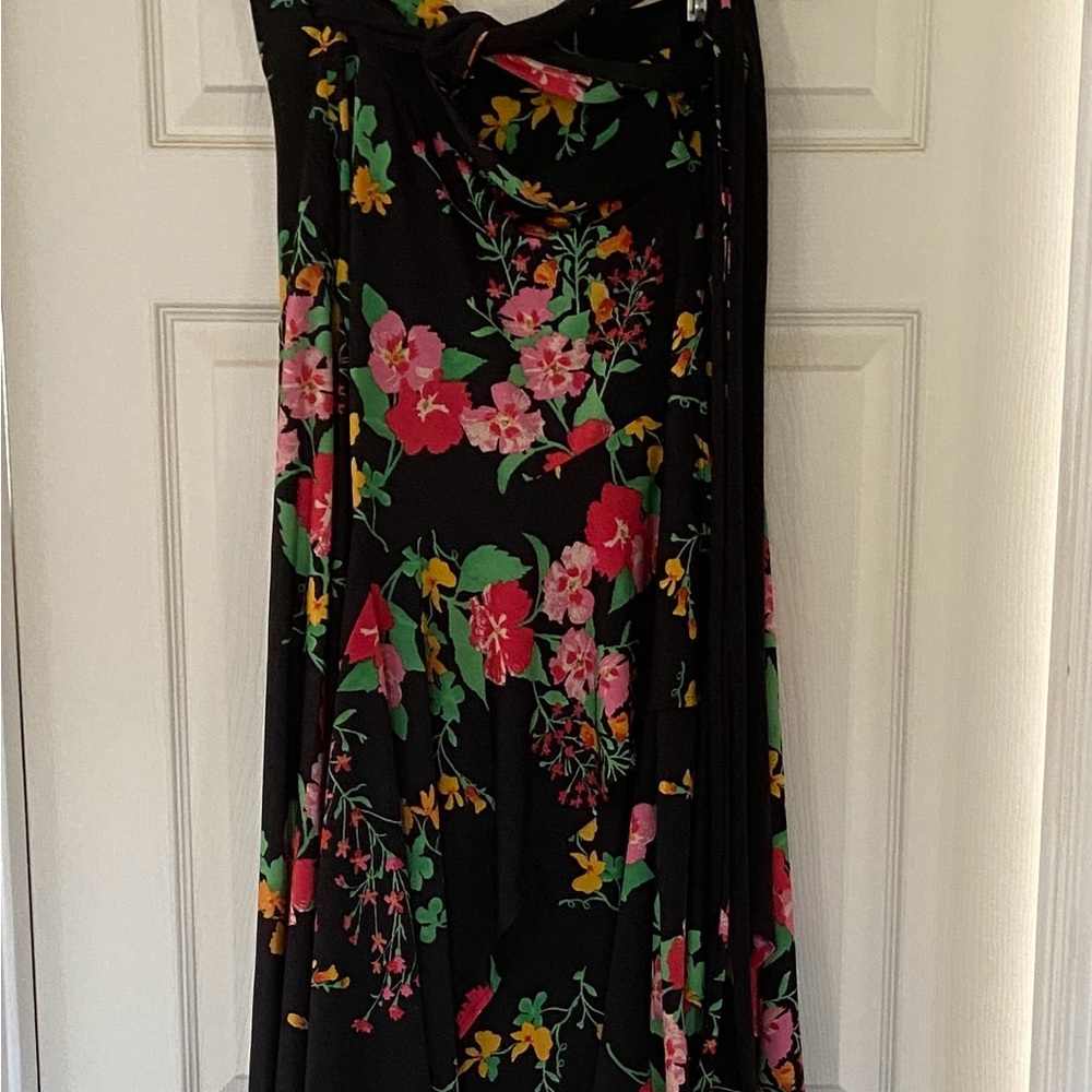 CAbi Black wrap skirt with Colorful Floral Design